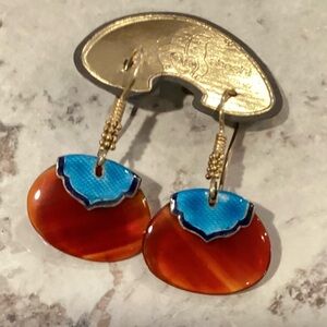 Elegant Carnelian and Teal Enamel Pierced Earrings
